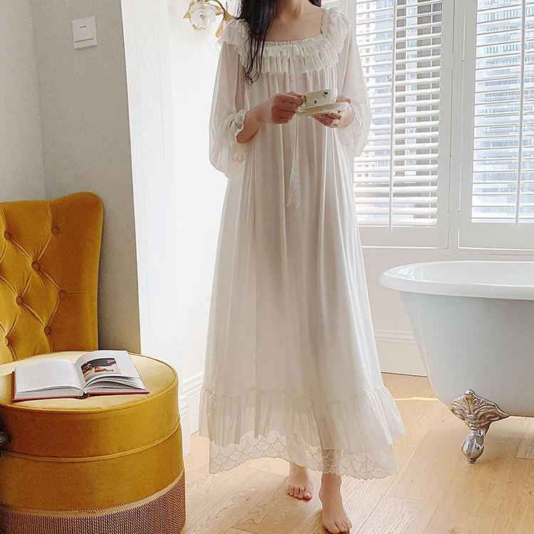 レディース 白い 姫系 長袖 パジャマ 綿 レース チュール ワンピース ネグリジェ 寝巻き パジャマ ロマンティック 女性用 部屋着 ナイトウェア 5,582円