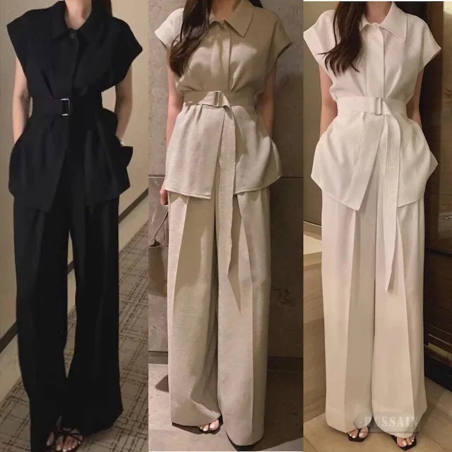 夏 細見え セットアップ 韓国ファッション 襟 トップス ベルト ロングパンツ シャツ お出かけ 大人っぽい 半袖 レディース ストレート おしゃれ フォーマル きれいめ ワイド ハイウエスト