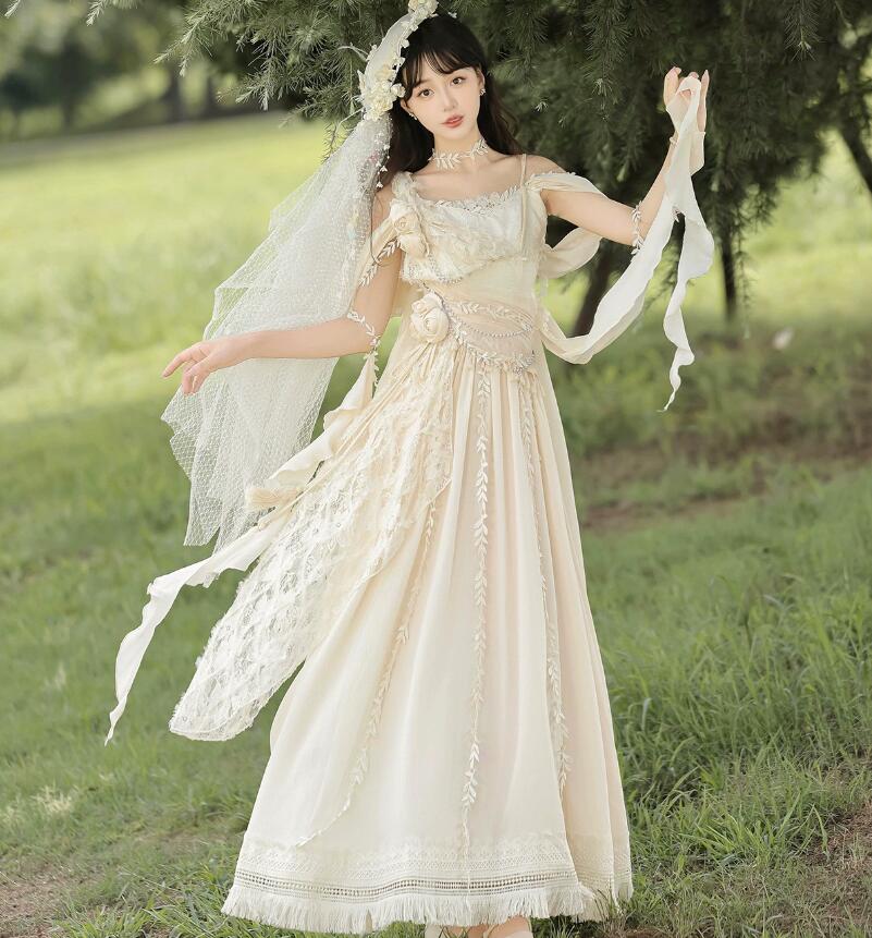 お姫系 ドレス 女性 ロング丈 キャミソール ドレス レディース ハロウィン コスプレ衣装 プリンセス 女王 変身仮装 パール付き フリンジ付き 花嫁 ウェディングフォト 撮影衣装 おしゃれ