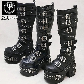【直営SHOP限定】 ヨースケ厚底ブーツ レディース ロング ブラック スタッズ 12.2cm 厚底ブーツ 公式SHOP特典キズ補修液付