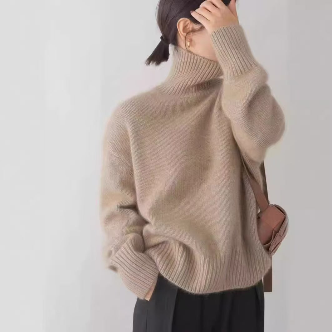 女性のための怠惰なスタイルの厚手のタートルネックのゆったりとしたウールのセーター秋と冬の厚手のセーター柔らかくて心地よく無地のベースのニットウェアとして重ね着に適しています