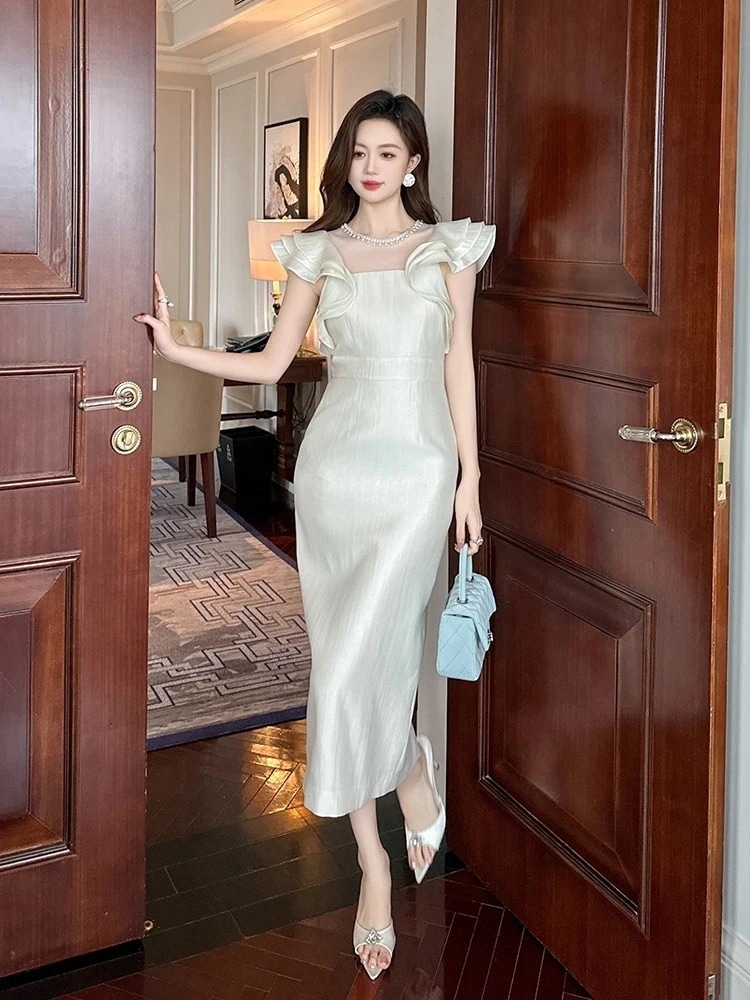 [急速出荷]二次会 ウェディング 演奏会 結婚式 卒業式 披露宴 同窓会 大人 キャバ パーティー ドレス 白 ロング ワンピース フリル 2025夏新品