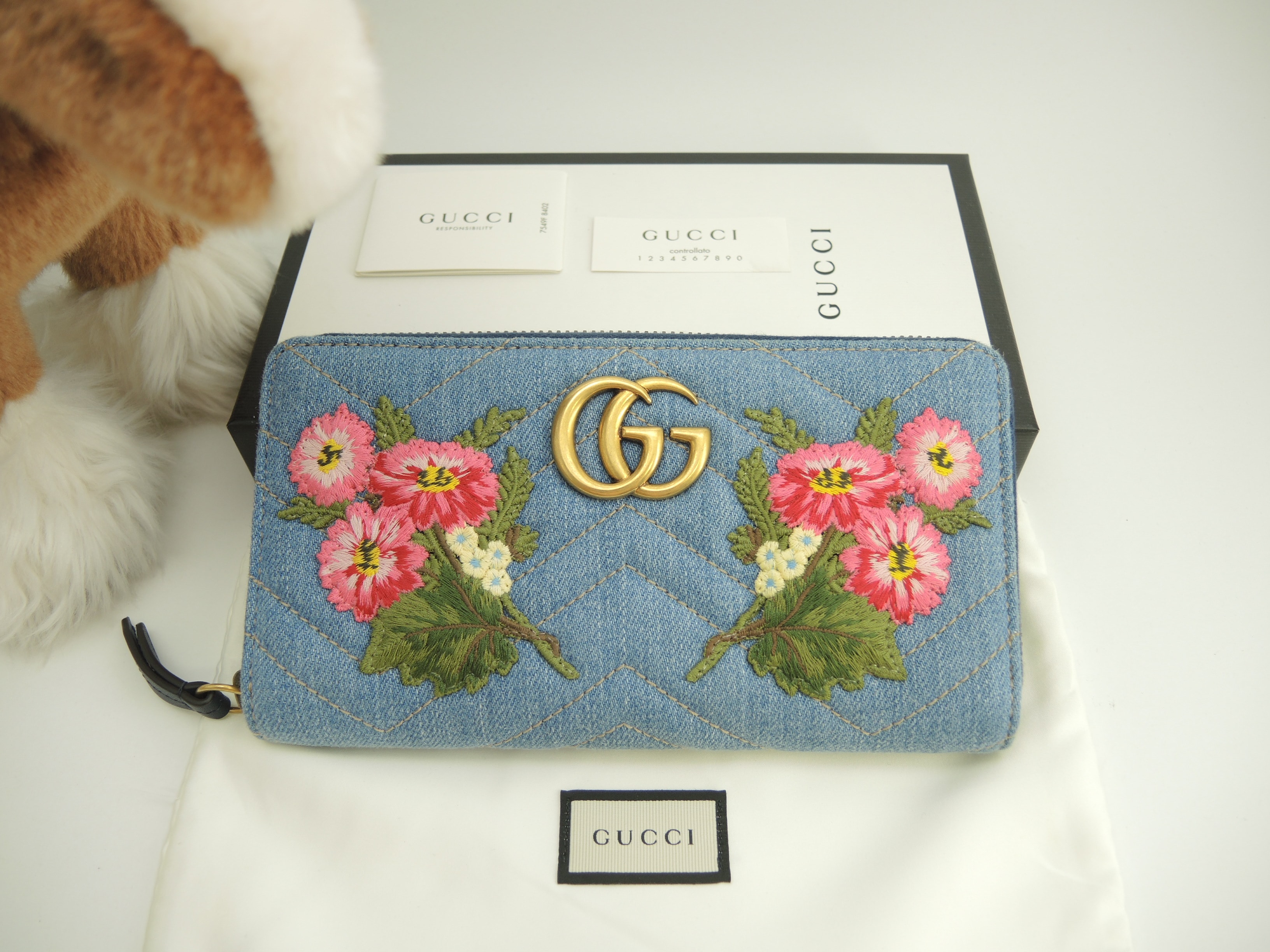 ロングウォレット 限定GGマーモント 花柄デニム ジップ長財布 新品@ 3