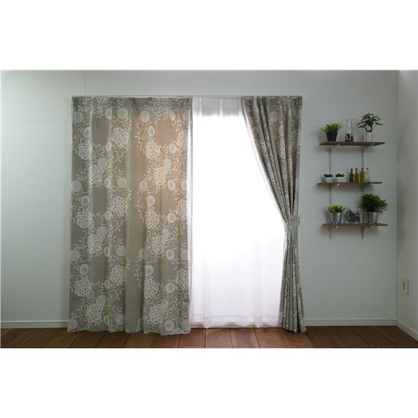 遮光カーテン/柄物カーテン (幅100cm×丈178cm グレー 1枚入り) 遮光2級 タッセル付き 形状記憶加工 『ハナカザリ』