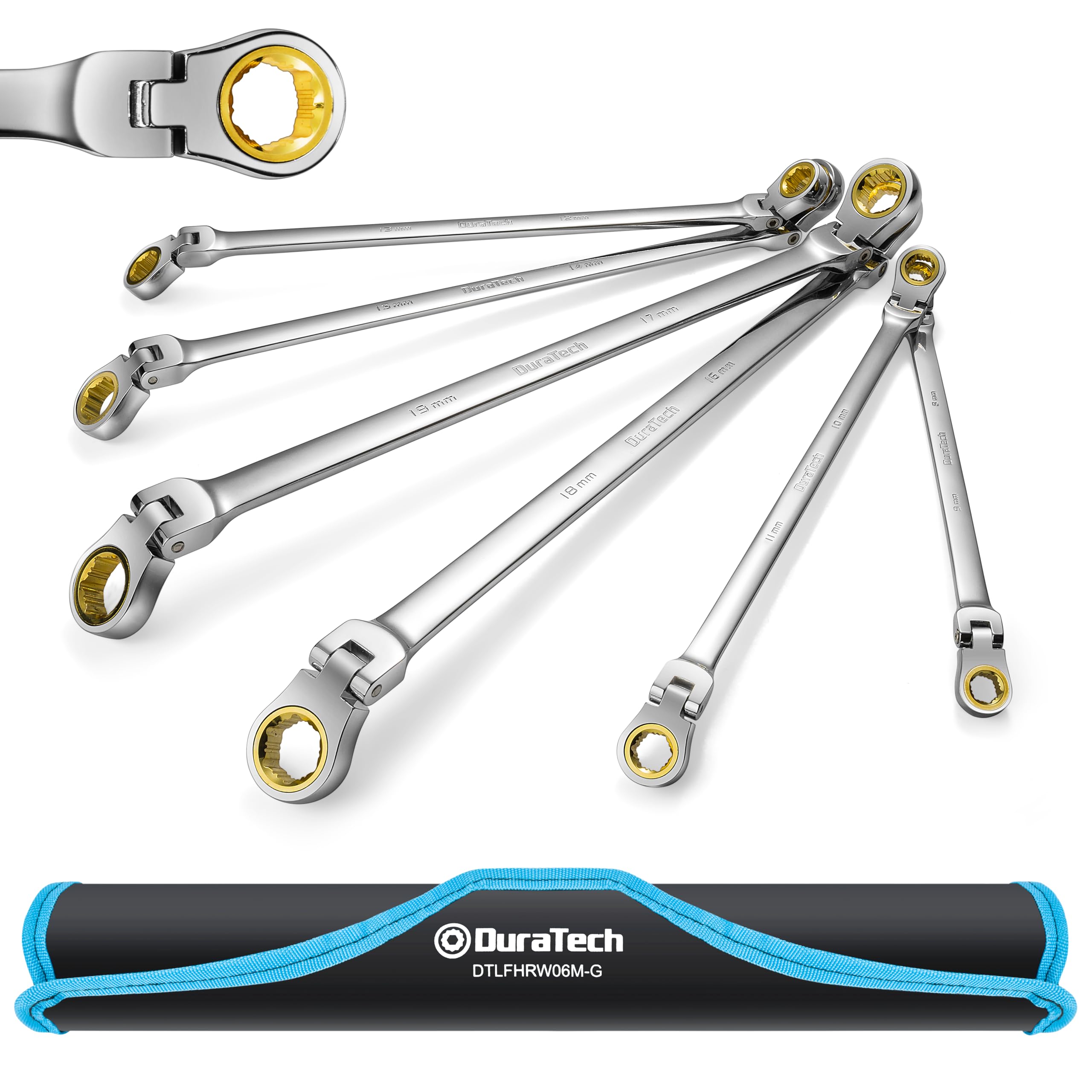 メガネレンチセット フレックスラチェットレンチ ラチェットメガネレンチ ロングタイプ なめたボルト・ナット対応可能 8～19mm 72ギア 両頭首振型 CR-V鋼製 鏡面仕上げ 収納バッグ付属 6本セ