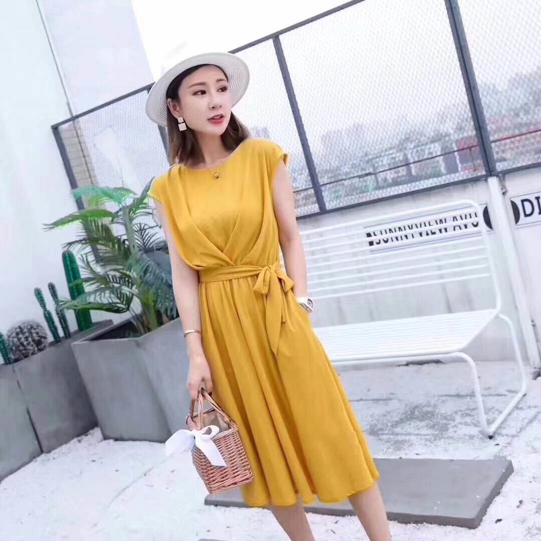 1975.ウエストリボンフレアドレス（マスタード）2019 春夏 sale 春夏 sale ワンピース フリル 半袖 エレガント お呼ばれ パーティー 結婚式 披露宴 女子会 レストラン デート