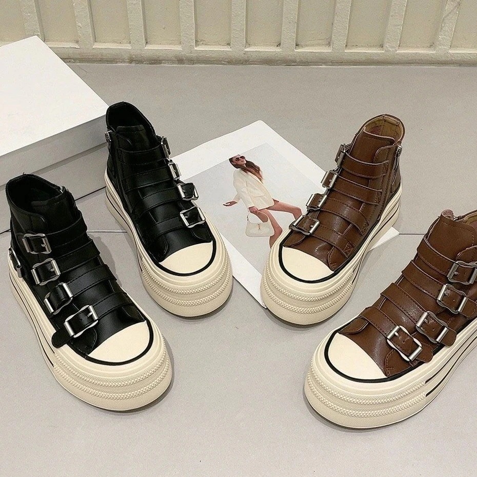 厚底シューズ 新作 流行り 松糕靴 百掛け ハイカット スニーカー 日系 本革 革靴 5,768円