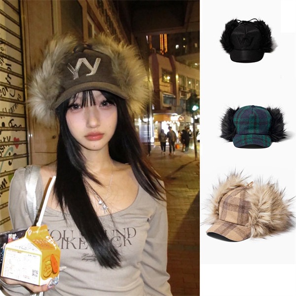 【OPEN Yy】 FAUX FUR CORDUROY EARFLAP CAP : KHAKI ブラック ブラウン カーキ ダークグリーン 4色【並行輸入品】