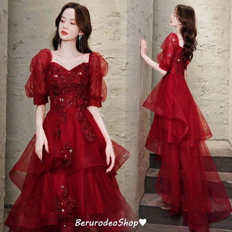 今年の新しいデザイン 結婚式ドレス 二次会ドレス ワイン赤 ロングドレス イブニングドレス オフショルダー Vネック ゲストドレスパフスリーブ 素敵 キレイめ パーティードレス お呼ばれドレス 20