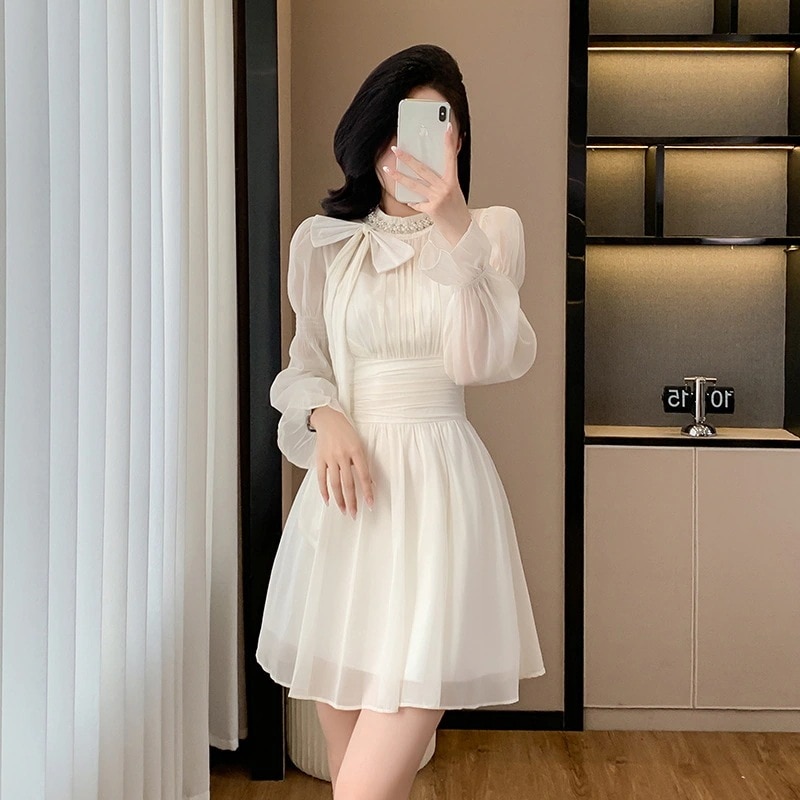 3日出荷 ワンピース夏 長袖 シフォン 新作 ウエストマーク デザイン ショート丈 春服 レディース