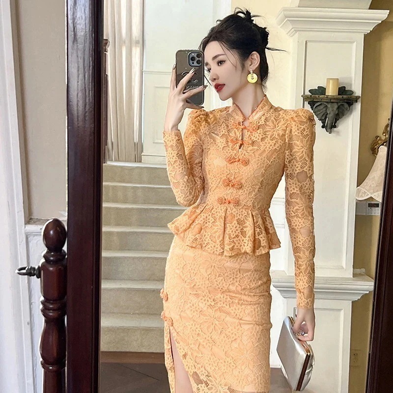 24ガールズ改良チャイナドレスダイヤモンドフリルウエストツーピースヒップカバードレス女性用 111