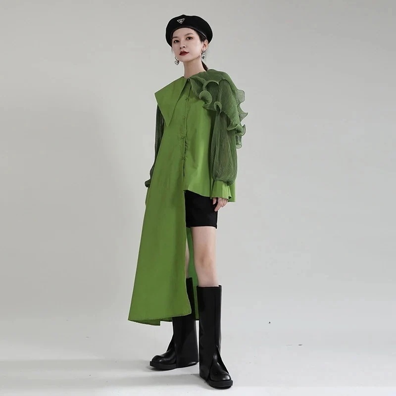 【J.Fashion】 フリル襟 非対称 ワンピ風 ロングブラウス ベルト付き ショートワンピ 体型カバー チュニック 日焼け止め メガ割30%までに制限