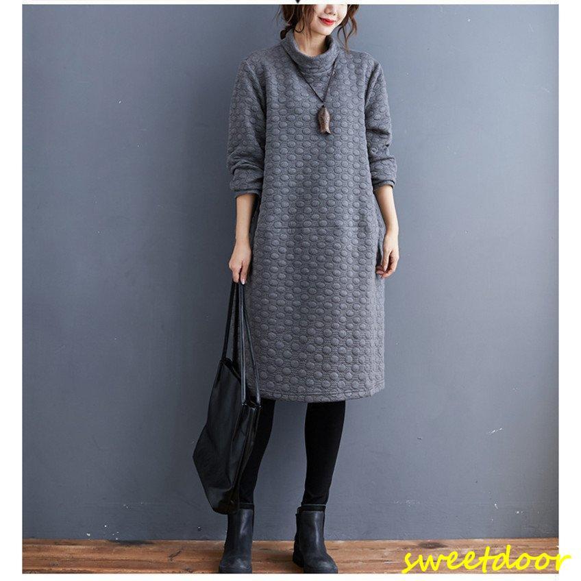 即纳ワンピース チュニック 冬 ロング レディース 50代 膝丈 長袖 厚手 ロングワンピース 体型カバー 無地 ハイネック きれいめ 着痩せ 40代 50代 冬物