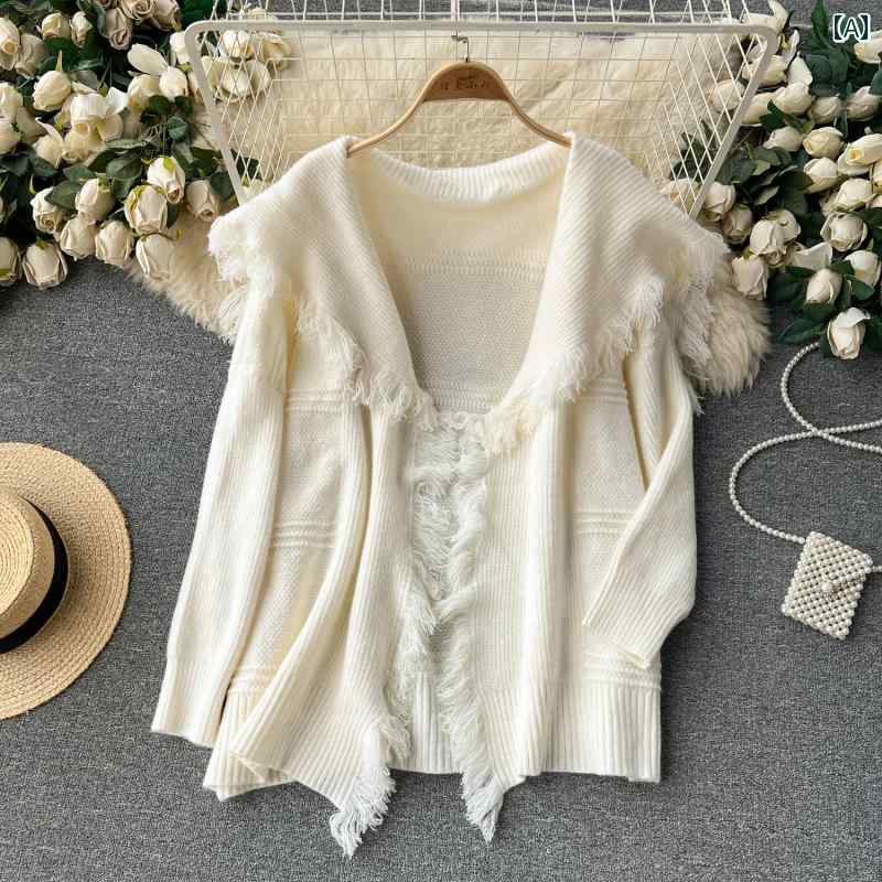 ニット レディース カーディガン おしゃれ カジュアル 韓国 長袖 セーター 秋冬 フリンジ 羽織 白 黒 黄
