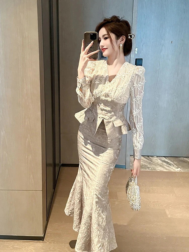2024新品 上下セット レース フリル マーメイド vネック セットアップ ドレス パーティー キャバ 着痩せ 大人 お呼ばれ 同窓会 披露宴 卒業式 結婚式 ウェディング 二