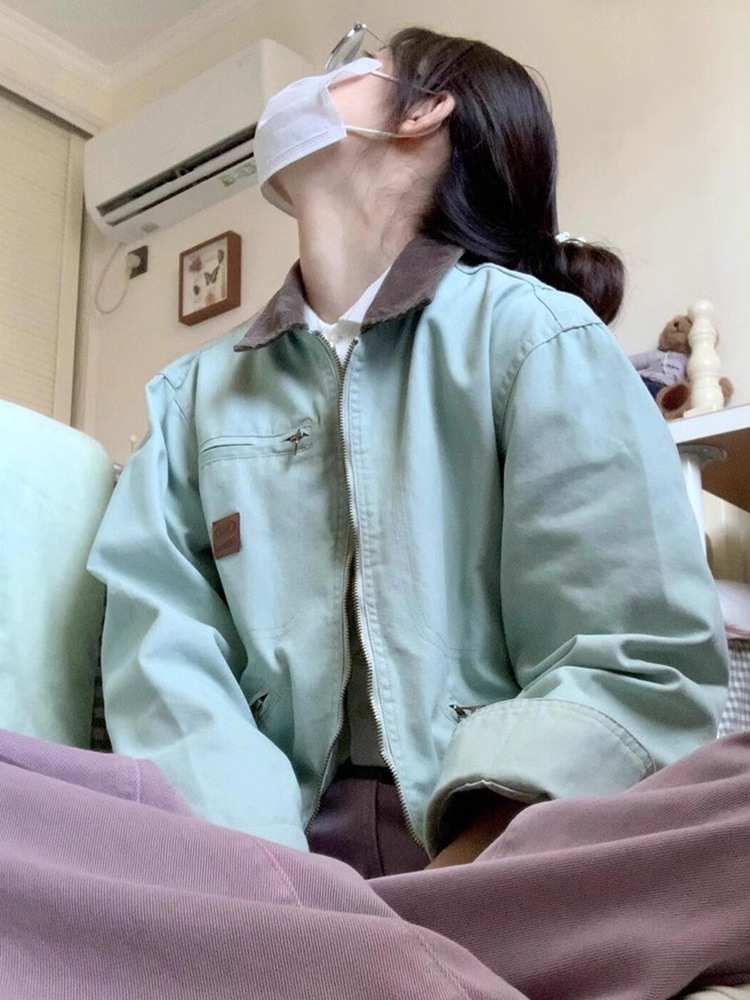 女性用アメリカンレトロワークウェアジャケット2024年春秋冬デザインコントラストラペルトップ