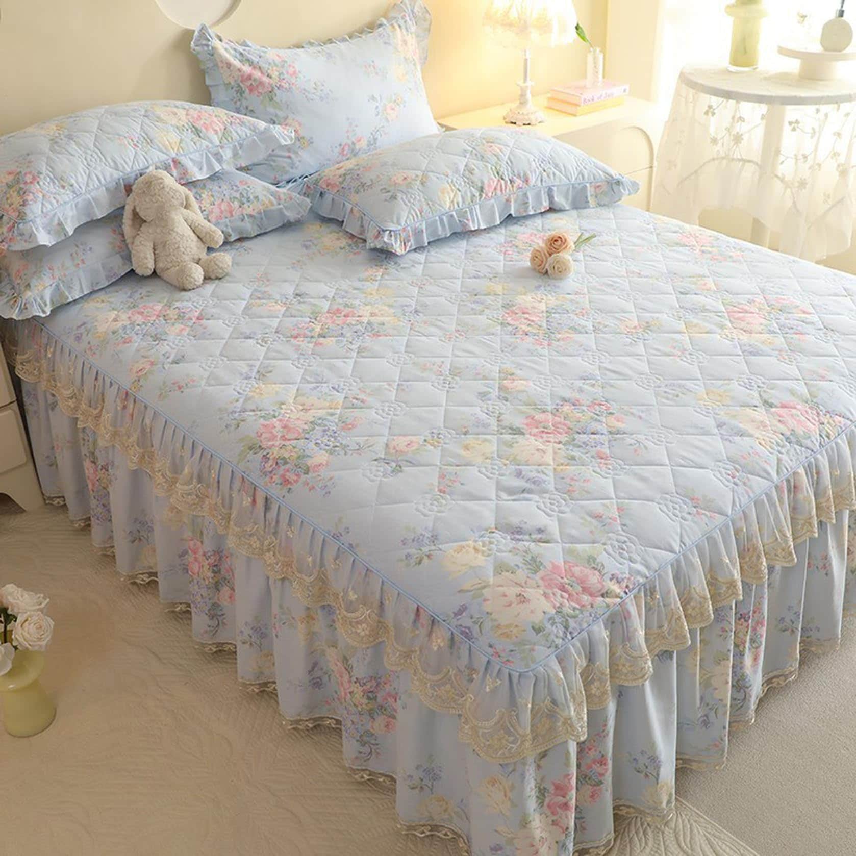 Fzigenle ベッドスカート 2点枕カバー 中綿 キルティング 中綿 上品 厚め 姫系 レース ベッドカバー カラーb10 秋冬 暖かい 200*220 レース フリル 柔らか ダブル キング マ