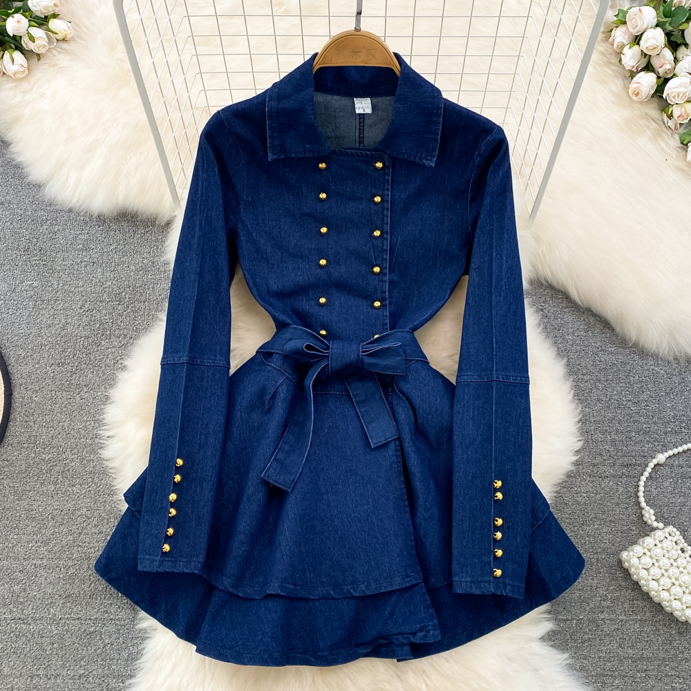 ワンピース シャツワンピース フレアワンピース デニムワンピース ミニ ミニ丈 ショート ショート丈 袖あり 長袖 Vネック 襟付き フレア Aライン ベルト ウエストマーク ウエストリボン デニム