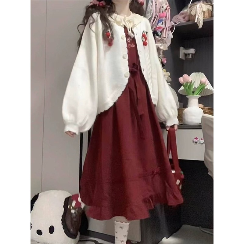 カレッジ風 和風 可愛い 甘い 女の子 ニット カーディガン サスペンダー スカート レディース ツーピース スーツ 秋冬 コーデ一式