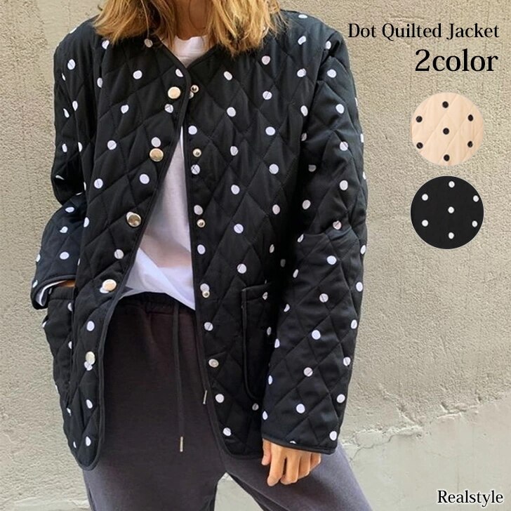 ドット柄ノーカラーキルティングジャケット レディース トップス アウター ライトアウター 冬 秋 7,603円