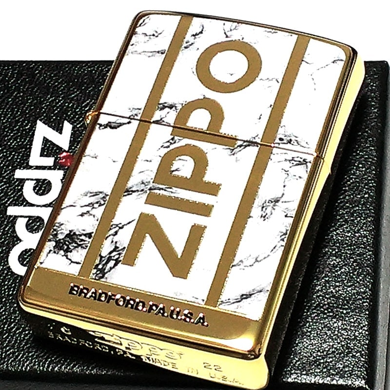 ZIPPO かっこいい 大理石 Logo Marble ジッポ ライター ロゴ ゴールド＆ホワイト 金タンク 彫刻 両面加工 金白 おしゃれ メンズ ギフト プレゼント