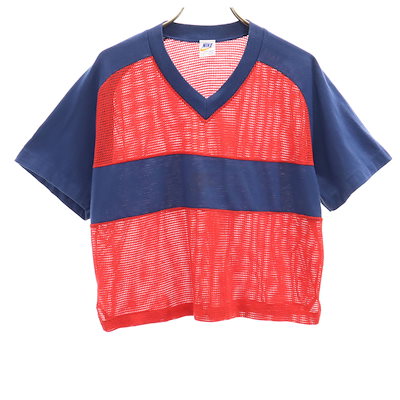 80s USA製 ヴィンテージ 半袖 メッシュ Vネック Tシャツ L レッド ショート丈 レディース 古着