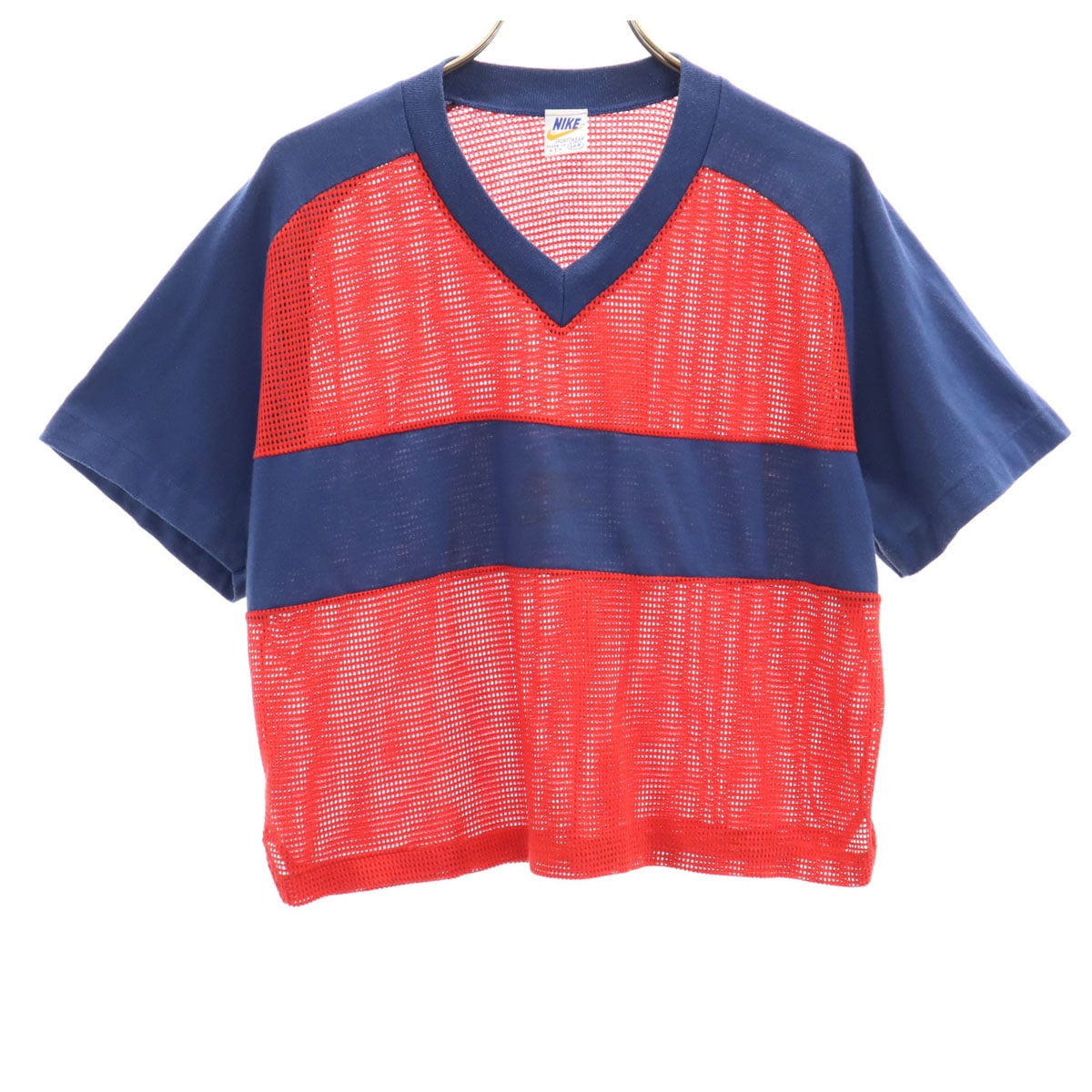 80s USA製 ヴィンテージ 半袖 メッシュ Vネック Tシャツ L レッド ショート丈 レディース 古着