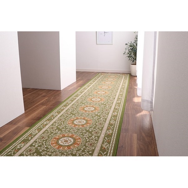 マット 廊下敷 撥水 エレガンス柄 滑りにくい グリーン 約60x180cm