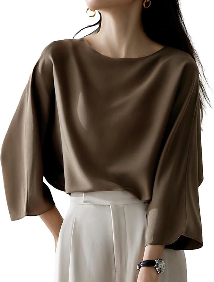 とろみブラウス レディース 七分袖 ラウンドネック シルキータッチ 無地 プルオーバー エレガント サテン風 ゆったり トップスレディース 上品 エレカジ 辛口(ブラウン, XL)