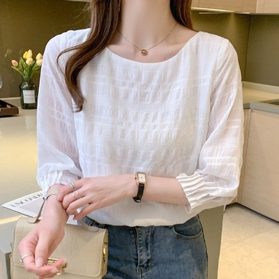 カットソー レディース 7分袖 ラウンドネック シフォン 上品 かわいい 大人可愛い きれいめ シンプル カジュアル おしゃれ 無地 ママ デート お出かけ 学生 ホワイト ピンク トップス