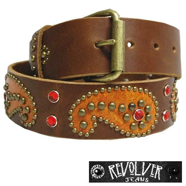 リボルバー ジーンズ メンズ レザー ベルト REVOLVER JEANS ブラウン オレンジ レッド ストーン スタッズ メンズ レディース レザーベルト 本革 LAセレブ ハリウッド セレブ カジ