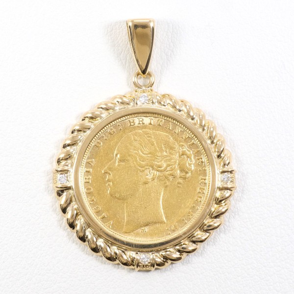 ソブリン 1ポンド コイン K22YG ペンダントトップ ダイヤ 0.06 カード鑑別書 中古