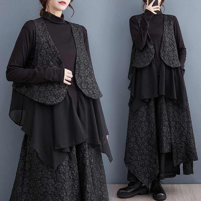 「ファットガール」 秋冬 レトロ 上下セット レイヤードベスト+ワイドパンツ 体型カバー シフォン 2層 セットアップ