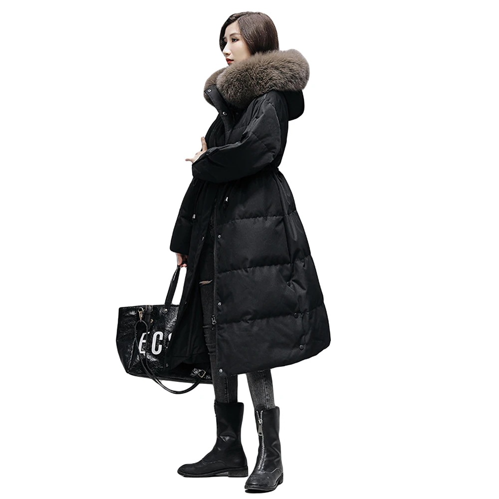 [最安値挑戦]！大きいサイズ フード付き 暖かい アウター ラクーンファー ロング丈 防寒 サイドスリット ドロスト ダウン90％ レディース ロングダウンコート