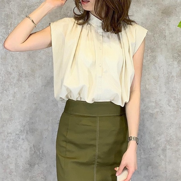 【大流行新作】 フェミニン ギャザー ノースリーブ Tシャツ+スカートマーメイド切替 きれいめ系 2点セット