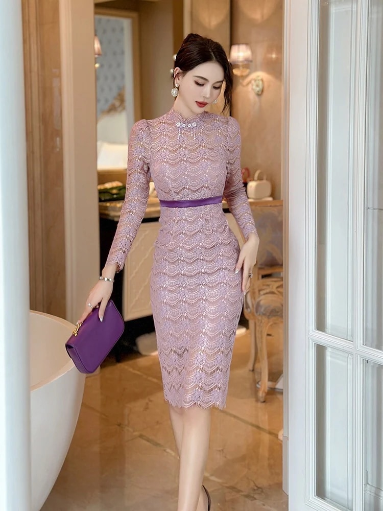 大人 パーティードレス ワンピース 演奏会 ベーシックワンピ 卒業式 披露宴 セクシー スタンド襟 結婚式 秋冬 タイトスカート 着痩せ レース キャバ 同窓会