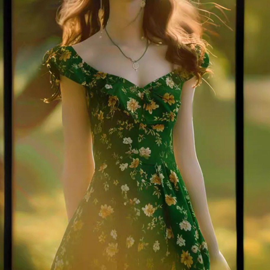フランスのレトロな森林スタイルの緑色のフローラルドレスフライングスリーブのデザイン腰にぴったりとスリムなドレス