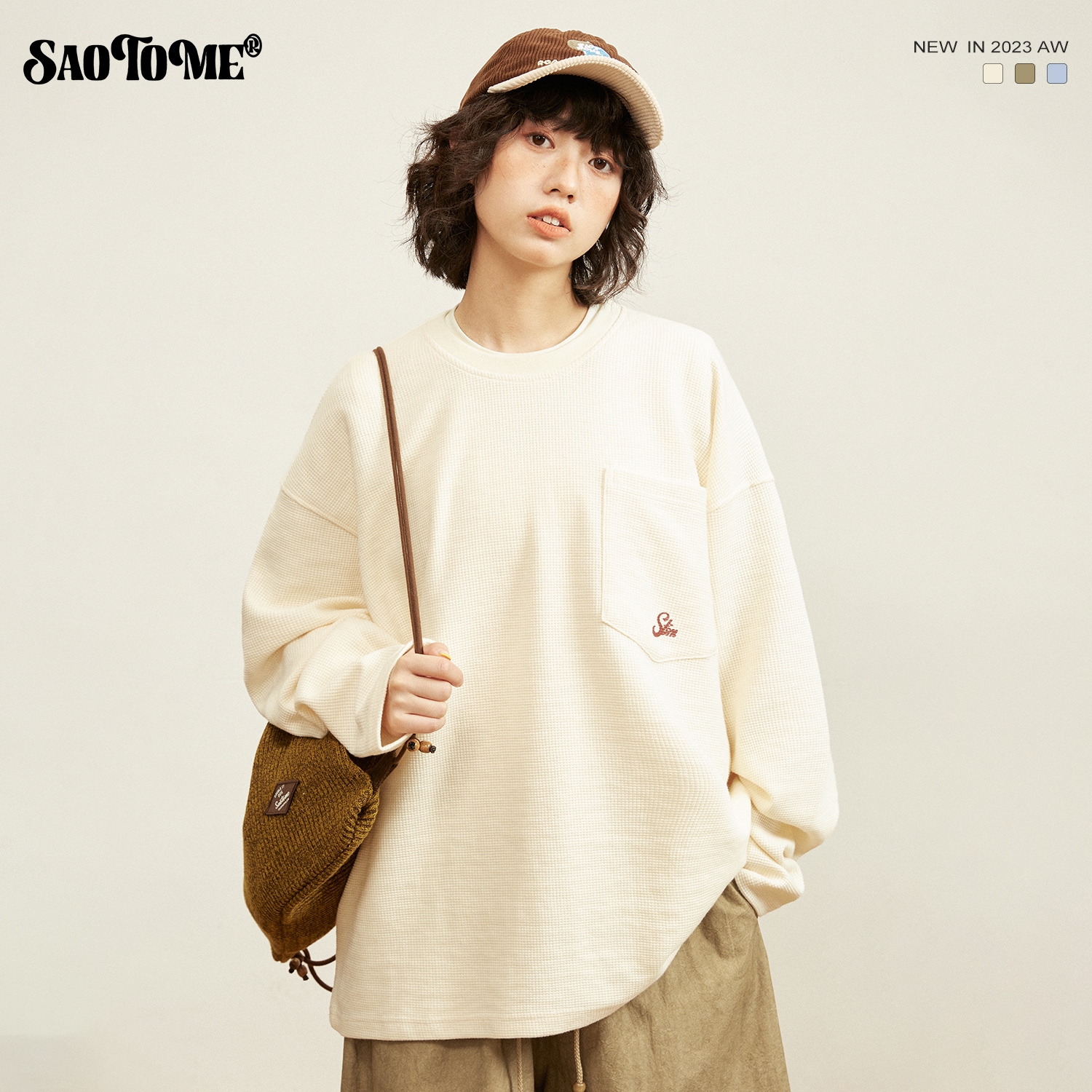 早乙女慶子 Saotome 和風 ゆったり シンプル ストリート スタイル ワッフル ベーシック 長袖 トレーナー 男女兼用