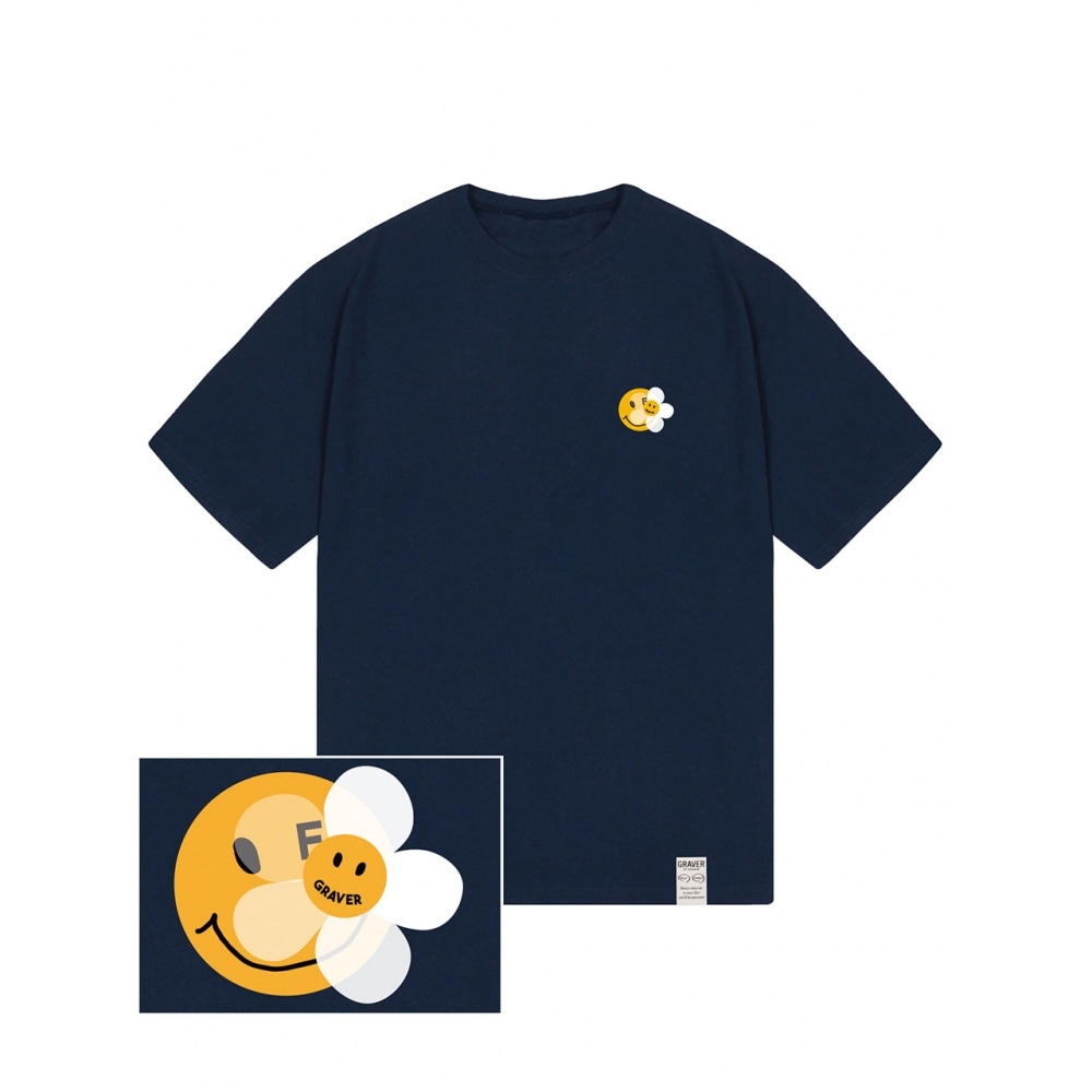 グラバースモールドットスマイルフラワーミックスショートスリーブTシャツネイビー