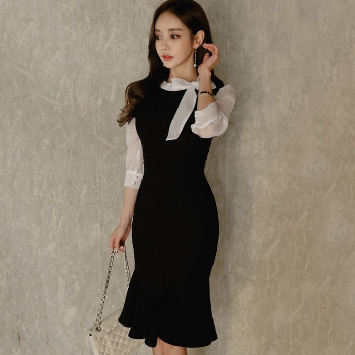 ボウタイワンピース ワンピース ワンピドレス 膝丈 ひざ丈 袖あり 7分袖 七分袖 スリム タイト 細身 Iライン リボン ハイウエスト かわいい 大人可愛い きれいめ シンプル カジュアル 大人