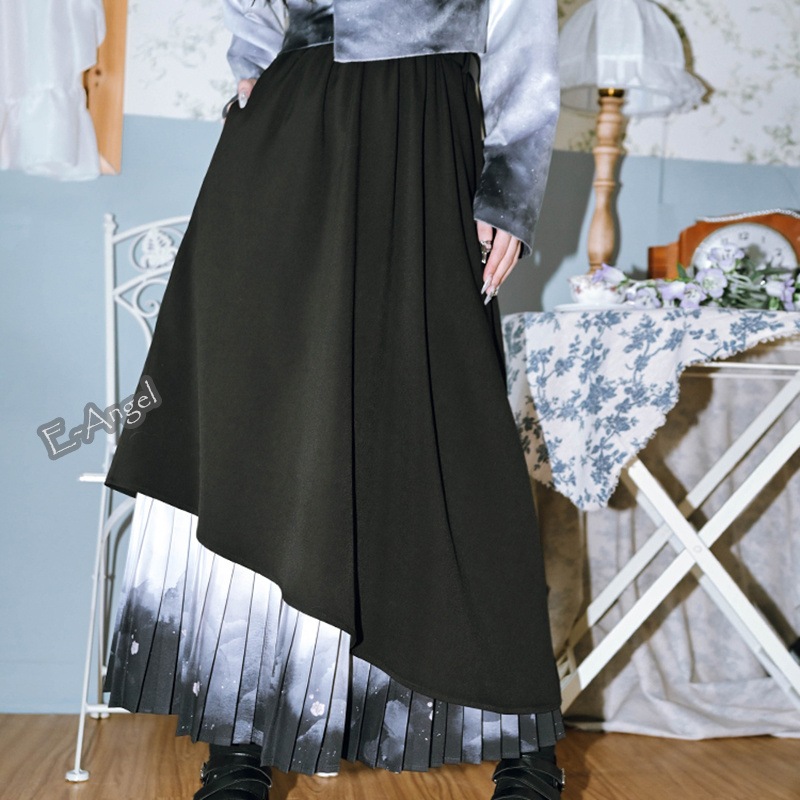 チャイナ風スカート 黒 プリーツ 切り替えスカート レイヤードスカート ハイウエストスカート ボトムス 中華風 合わせやすい アシンメトリー