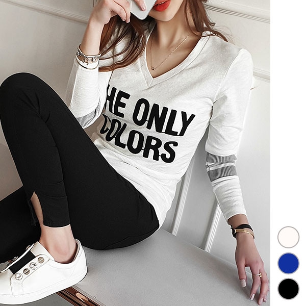 ロンT レディース トップス Vネック 長袖 ロゴ 英字 綿 タイト スリム カジュアル スポーティ デイリー 春 秋 20代 30代 40代 韓国 メール便可 to22566