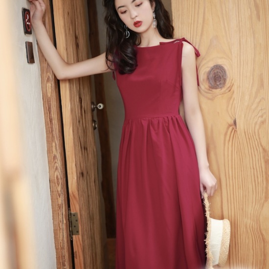 【取寄：納期2週間】ワンピース レディース ドレス ミディ丈 膝丈 赤 ワインレッド タイ付きショルダー フレアスカート ノースリーブ ワンピース レディース ドレス ミディ丈 膝丈 赤 ワインレッド