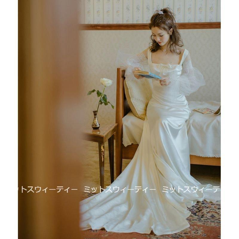 韓国ファッション披露宴 海外挙式 ブライダル 袖付き 花嫁 ロングドレス 大きいサイズ Aライン 二次会 パーティードレス 前撮り ウェディングドレス 結婚式 シンプル 演奏会 白 11,168円