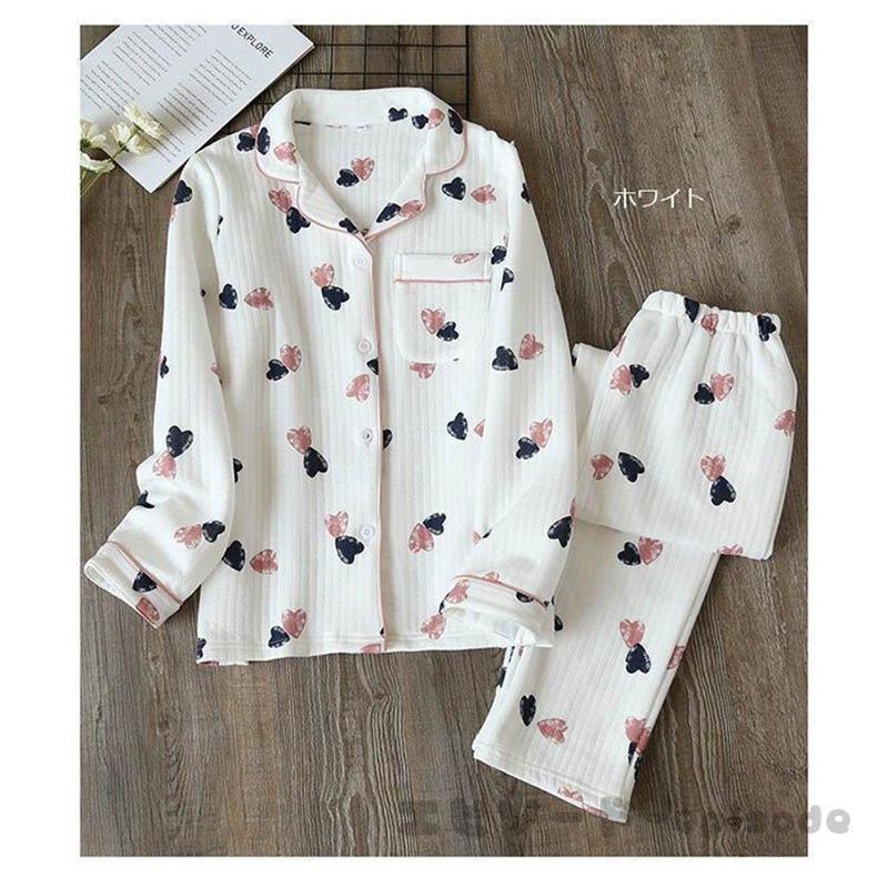 大人気商品冬新作レディース ハート柄 ニットキルト パジャマ ウェア 綿100 上下セット 秋冬用 厚手 コットンキルティング 寝巻き 部屋着 ナイトウェア