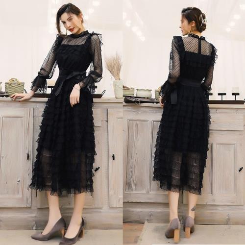 2点購入で200円割引夏の新着商品 結婚式お呼ばれドレス パーティードレス 韓国 ロングドレス 黒 ブラックドレス イブニングドレス ワンピース 花柄 レース ロング丈 マキシ丈 ハイウエスト レデ