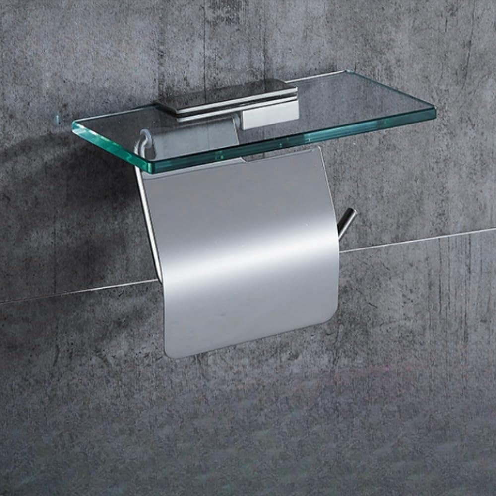 トイレット ペーパー ホルダー ガラス 棚付カワジュン ペーパーホルダー（紙巻器）ガラス棚付ダブルペーパー取り付けが簡単ステンレス鋼製バッフル (ブラッシング ダブルトイレットペーパーホルダー)