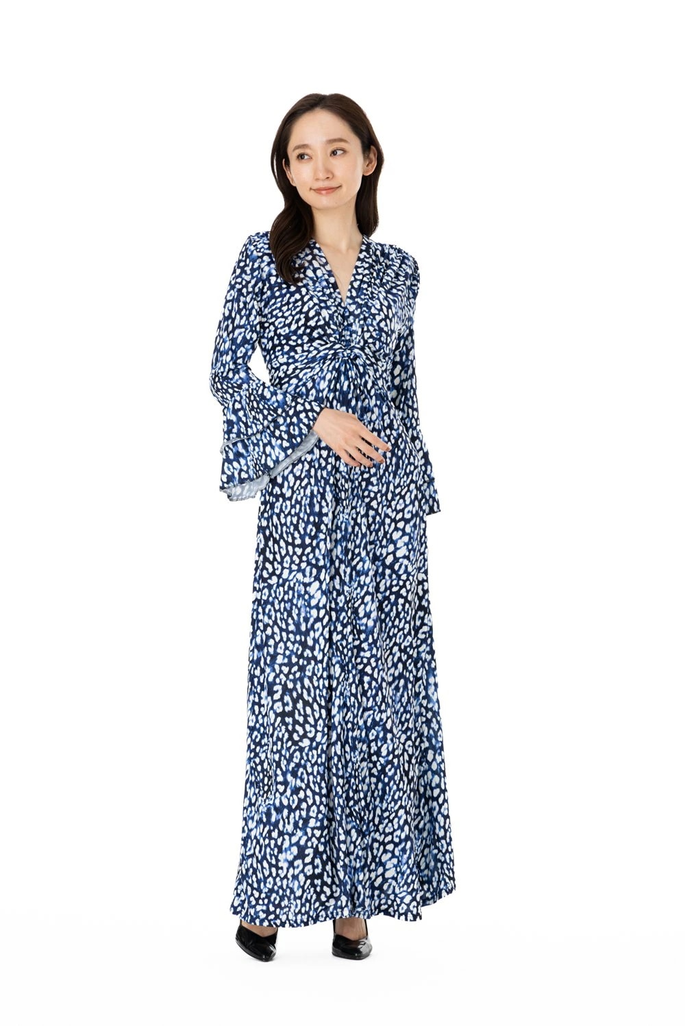 フィフィーユ(FIFILLES)ワンピース T1 T2 T3サイズ 長袖 ロングワンピース Vネック 総柄 レディース フランス製 　 ワンピース 大人 上品 エレガント ネイビー