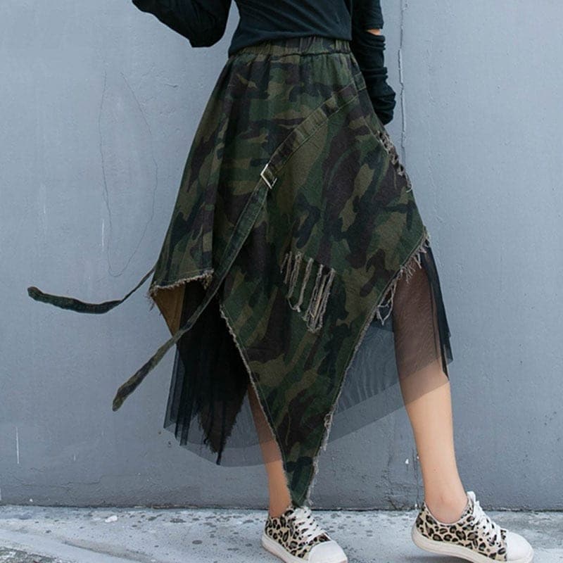 ハーフレングススカートカモフラージュAラインスカート伸縮性ウエストイレギュラースプライシングメッシュ 母の日のプレゼント