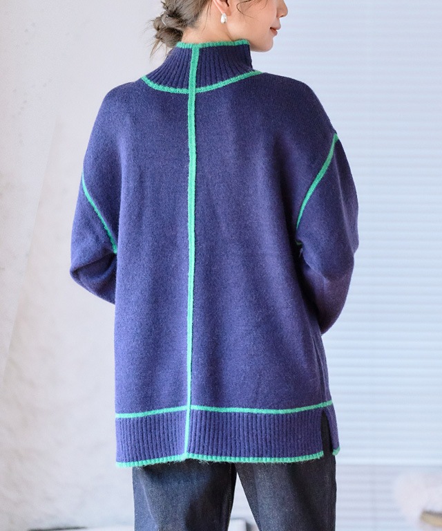 配色パイピングハイネックニット ニット レディース 秋冬 リブ セーター ハイネック 配色 ライン カラーニット アルパカ ライク おしゃれ お洒落 チュニック 手洗い可能 宅60 4,769円